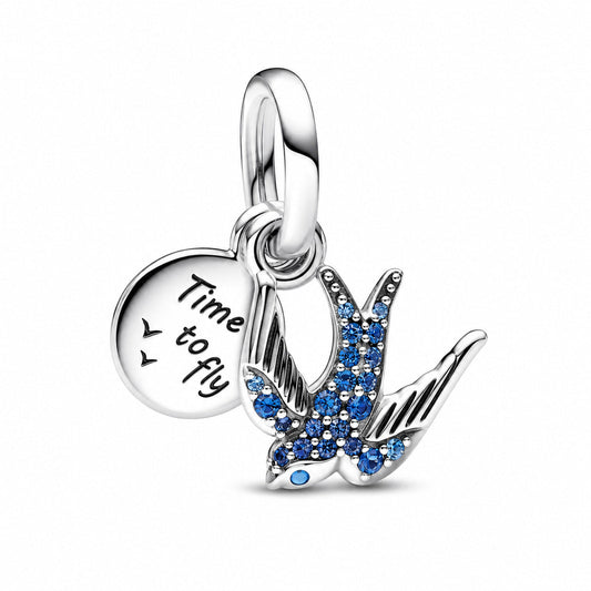 Sparkling Swallow & Quote Double Dangle Charm  S925 Sterling Silver