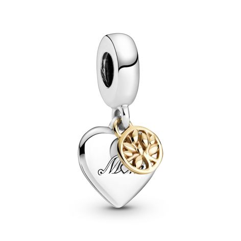 Two Tone Family Tree Mom Heart Dangle Charm S925 Sterling Silver