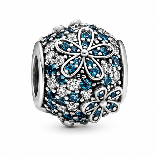 Teal Pave Daisy Flower Charm  S925 Sterling Silver