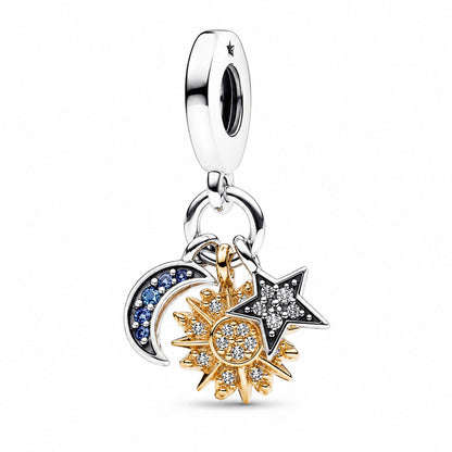 Two-tone Celestial Triple Dangle Charm  S925 Sterling Silver