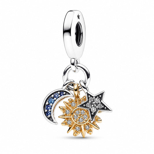 Two-tone Celestial Triple Dangle Charm  S925 Sterling Silver