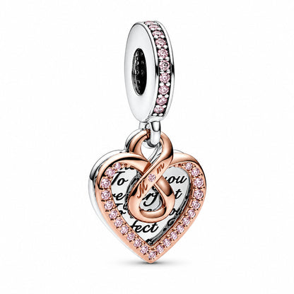 Two-tone Infinity Mum Heart Double Dangle Charm S925 Sterling Silver