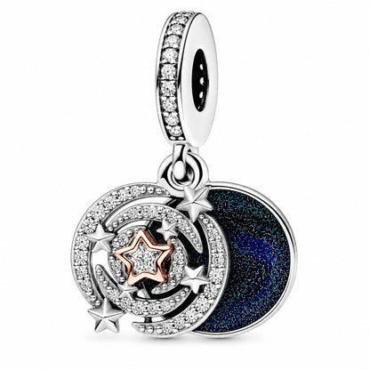 Two-tone Shooting Star Double Dangle Charm  S925 Sterling Silver
