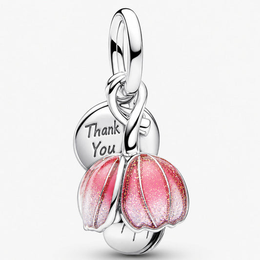 Two Tone Blooming Flower Dangle Charm S925 Sterling Silver
