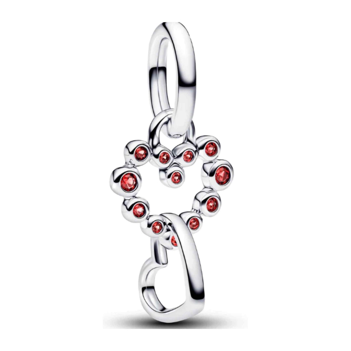 Connected Hearts & Red Stones Dangle Charm S925 Sterling Silver