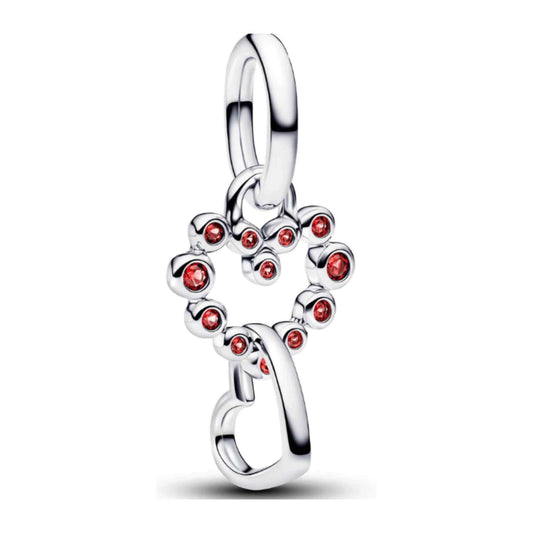 Connected Hearts & Red Stones Dangle Charm S925 Sterling Silver
