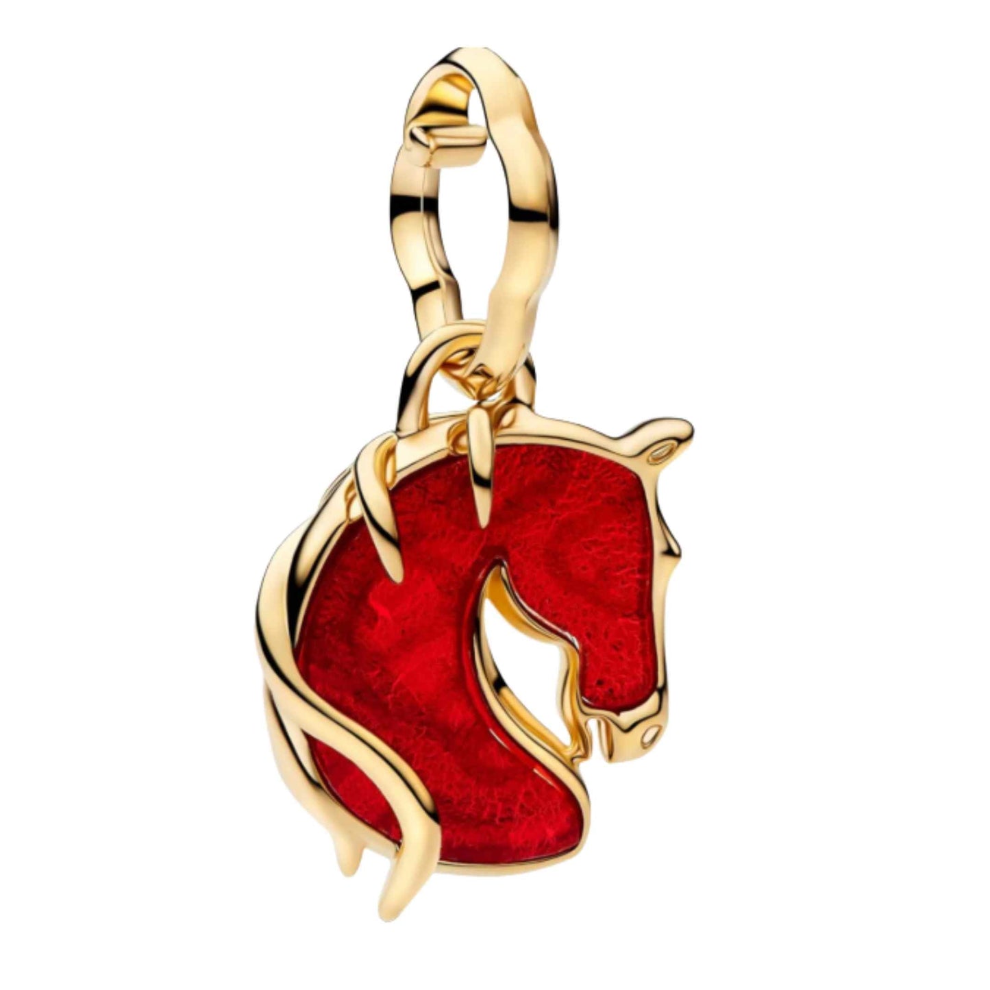 Gold Red Fire Horse Murano Glass Dangle Charm S925 Sterling Silver