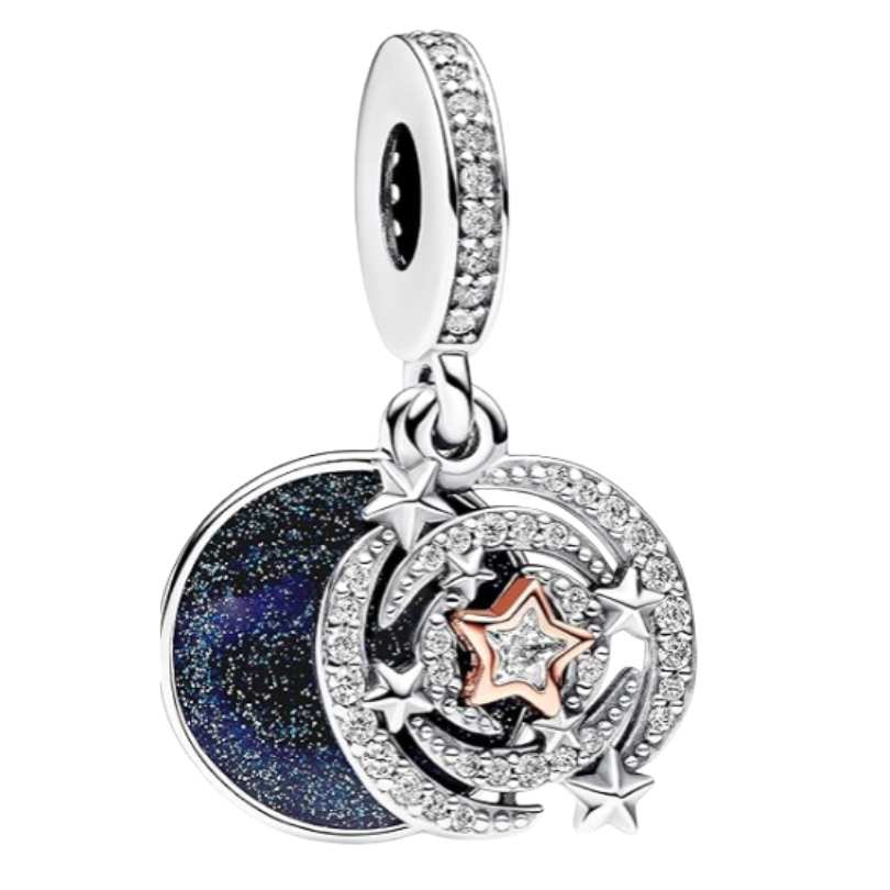 Two-tone Shooting Star Double Dangle Charm S925 Sterling Silver