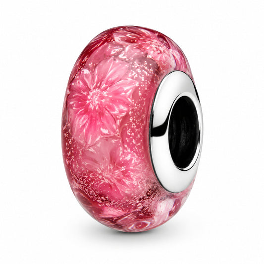 Wavy Fancy Pink Murano Glass Charm  S925 Sterling Silver