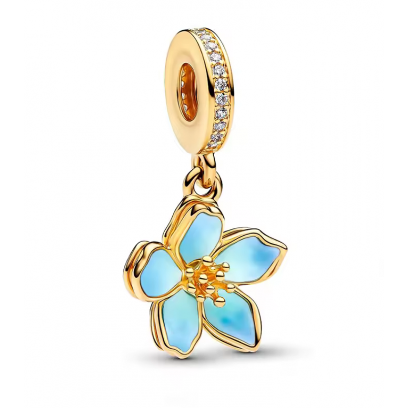 Gold & Blue Cherry Blossom Dangle Charm S925 Sterling Silver