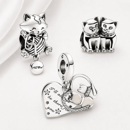 S925 Kitten & Yarn Ball Cats Hearts Kittens Sterling Silver Charm Collection