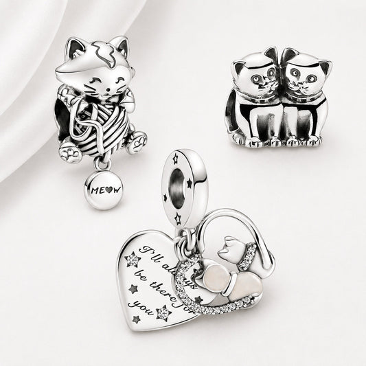 S925 Kitten & Yarn Ball Cats Hearts Kittens Sterling Silver Charm Collection