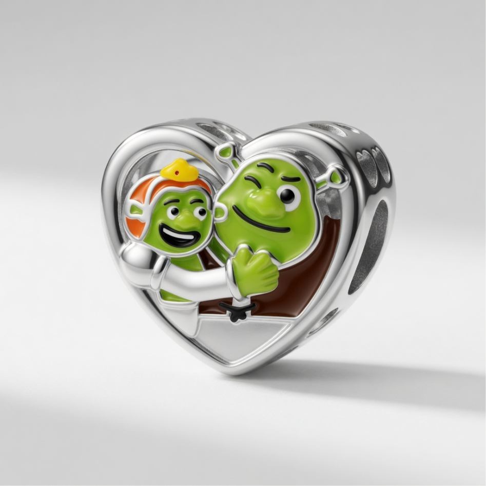 I LOVE OGRES Shrek & Fiona Love Heart Charm  S925 Sterling Silver