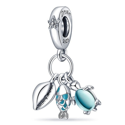 Fish, Sea Turtle & Conch Triple Dangle Charm S925 Sterling Silver