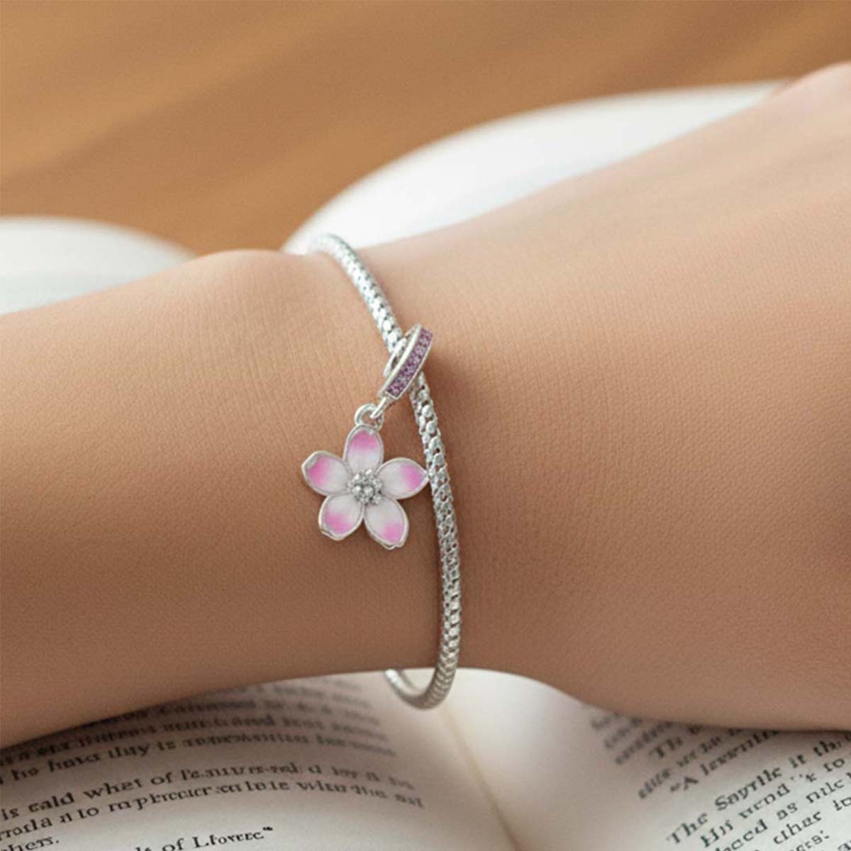 Cherry Blossom Dangle Charm Hallmarked S925 Sterling Silver