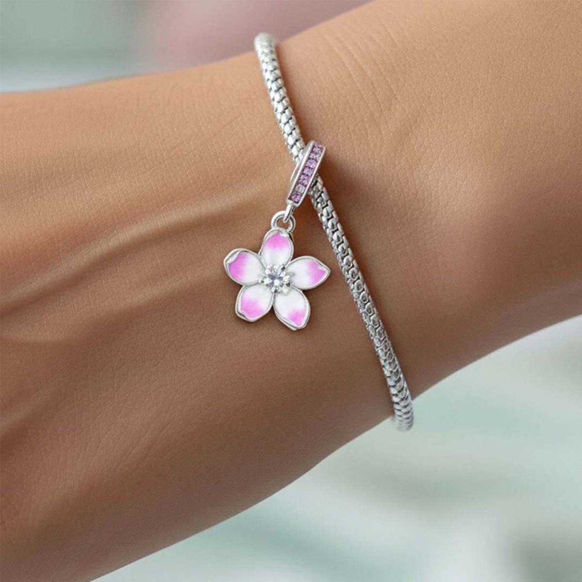 Cherry Blossom Dangle Charm Hallmarked S925 Sterling Silver