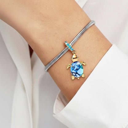 Golden Sea Turtle blue Murano Glass Dangle Charm S925 Sterling Silver