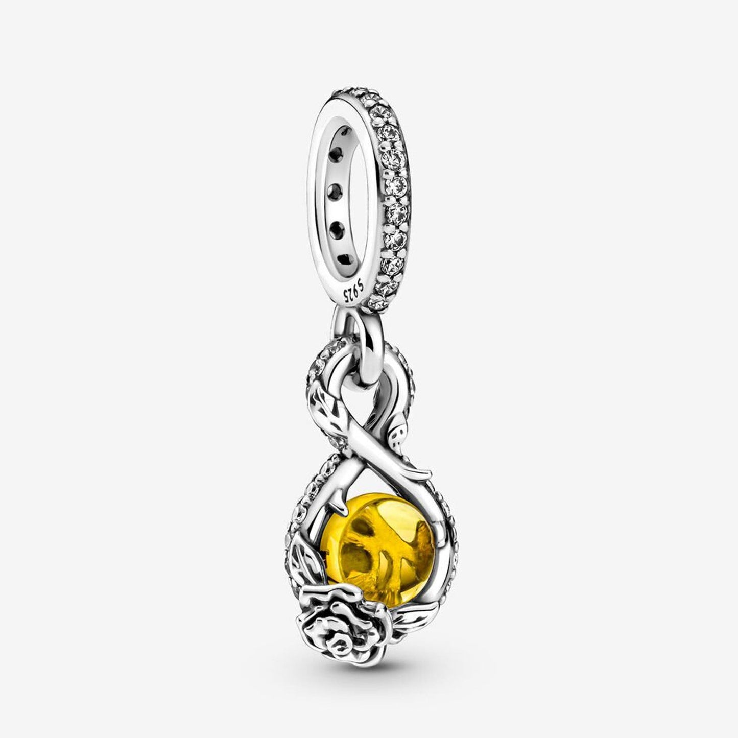 Disney Beauty & Beast Infinity & Rose Flower Dangle Charm S925 Sterling Silver