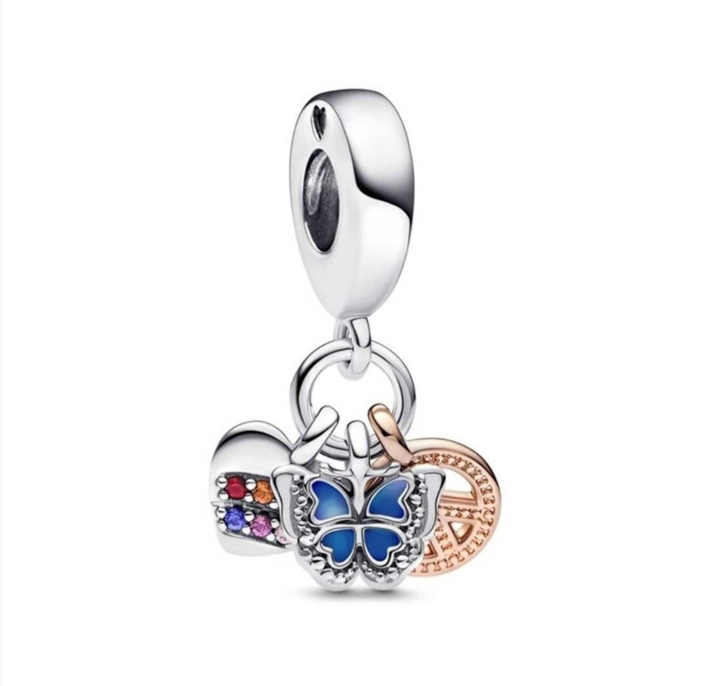 Butterfly, Peace & Rainbow Heart Triple Dangle Charm S925 Sterling Silver
