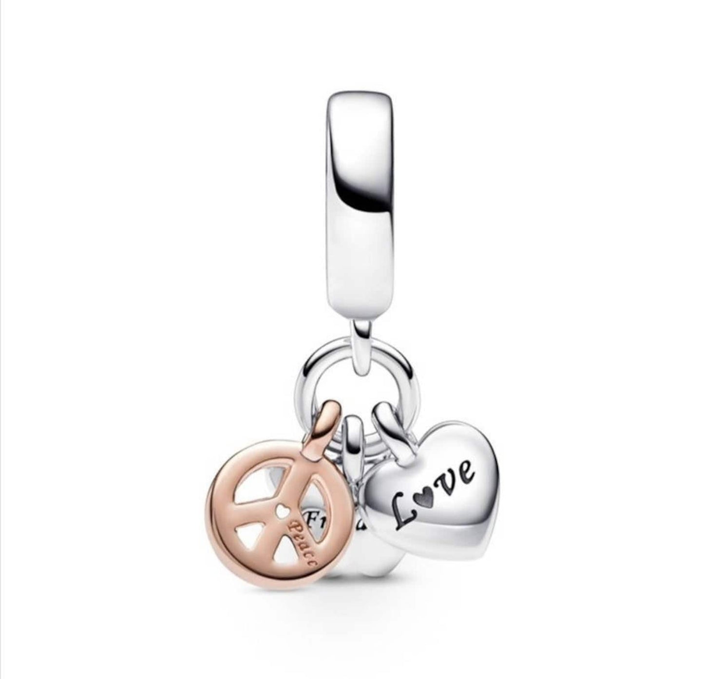 Butterfly, Peace & Rainbow Heart Triple Dangle Charm S925 Sterling Silver