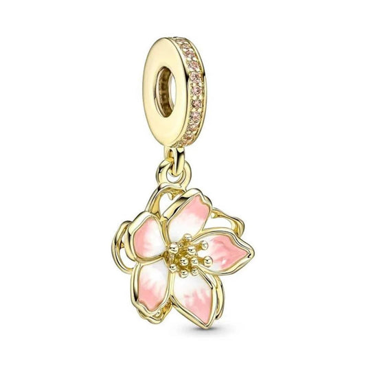 Golden Cherry Blossom Charm Hallmarked S925 Sterling Silver