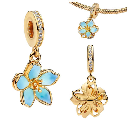 Gold & Blue Cherry Blossom Dangle Charm S925 Sterling Silver