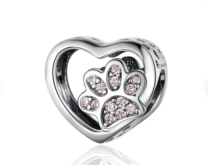 Pink Heart Paw Print Charm S925 Sterling Silver