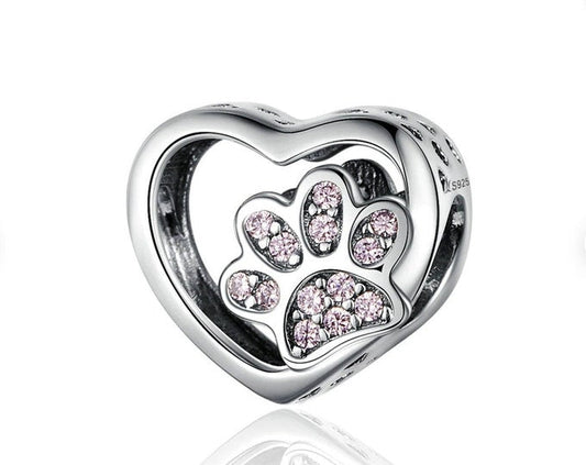 Pink Heart Paw Print Charm Hallmarked S925 Sterling Silver
