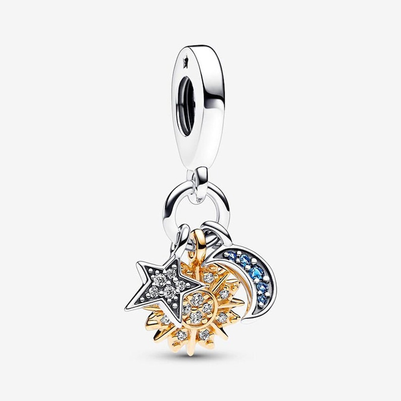Two-tone Celestial Triple Dangle Charm S925 Sterling Silver