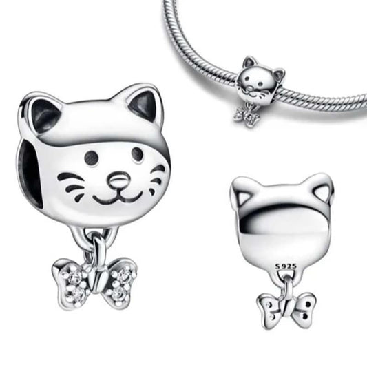 Pet Cat & Bow Charm S925 Sterling Silver
