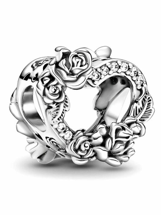 Open Heart & Rose Flower Charm S925 Sterling Silver