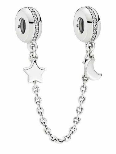 Half Moon & Star Safety Chain Charm S925 Sterling Silver