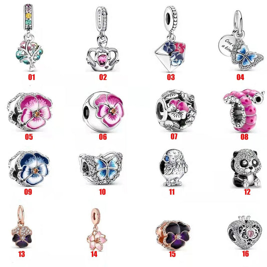 S925 Pansy Flowers Cute Caterpillar Cute Chick Butterfly Regal Crown Sterling Silver Charms Collection