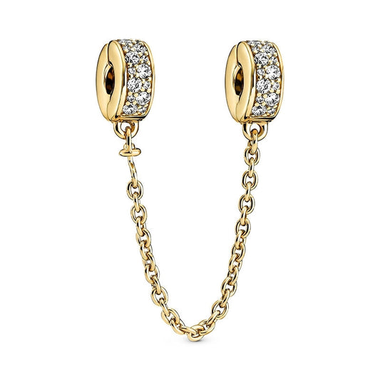 Clear Pave Golden Safety Chain Charm Hallmarked S925 Sterling Silver