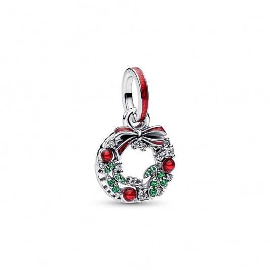 Holiday Wreath Double Dangle Charm Hallmarked S925 Sterling Silver