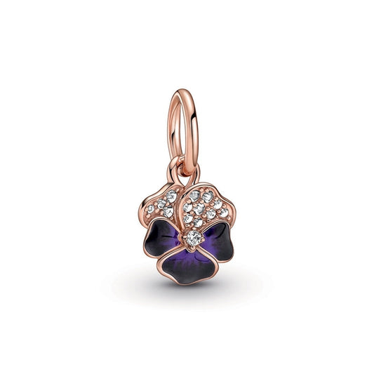 Deep Purple Pansy Flower Dangle Charm Hallmarked S925 Sterling Silver