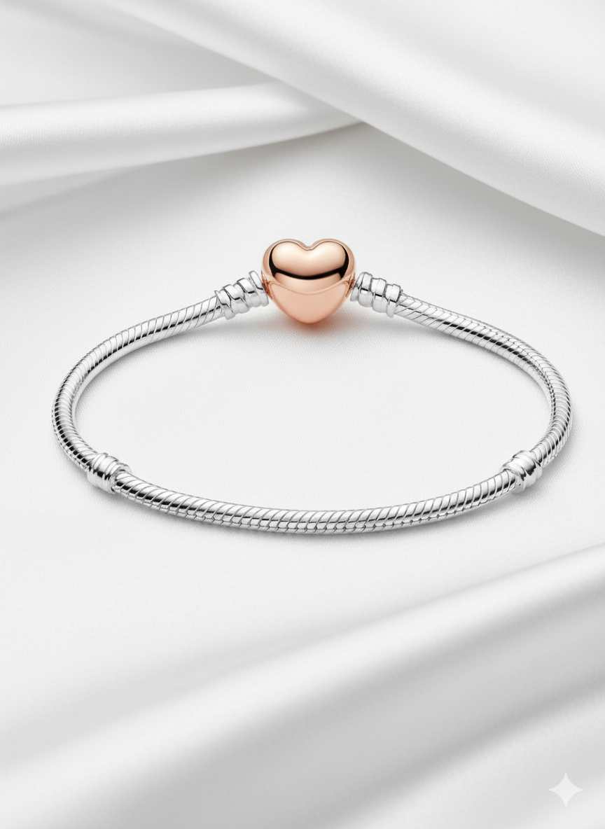 Rose Gold Heart & Snake Chain Charm Bracelet