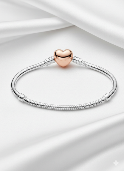 Rose Gold Heart Snake Chain Charm Bracelet