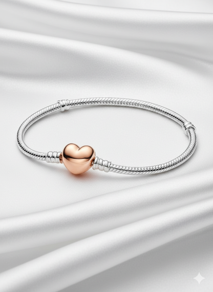 Rose Gold Heart Snake Chain Charm Bracelet