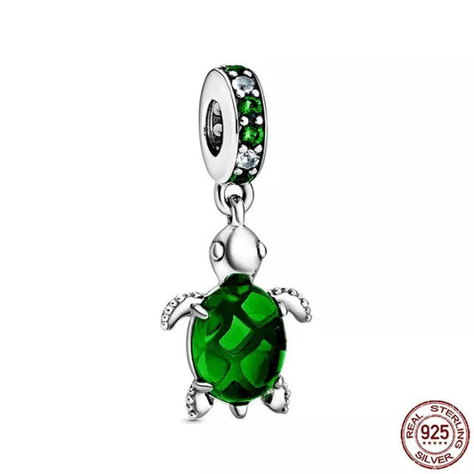 Ocean Sea Life Green Turtle Dangle Charm Hallmarked S925 Sterling Silver