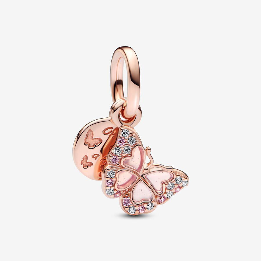 Pink Butterfly & Quote Double Dangle Charm S925 Sterling Silver
