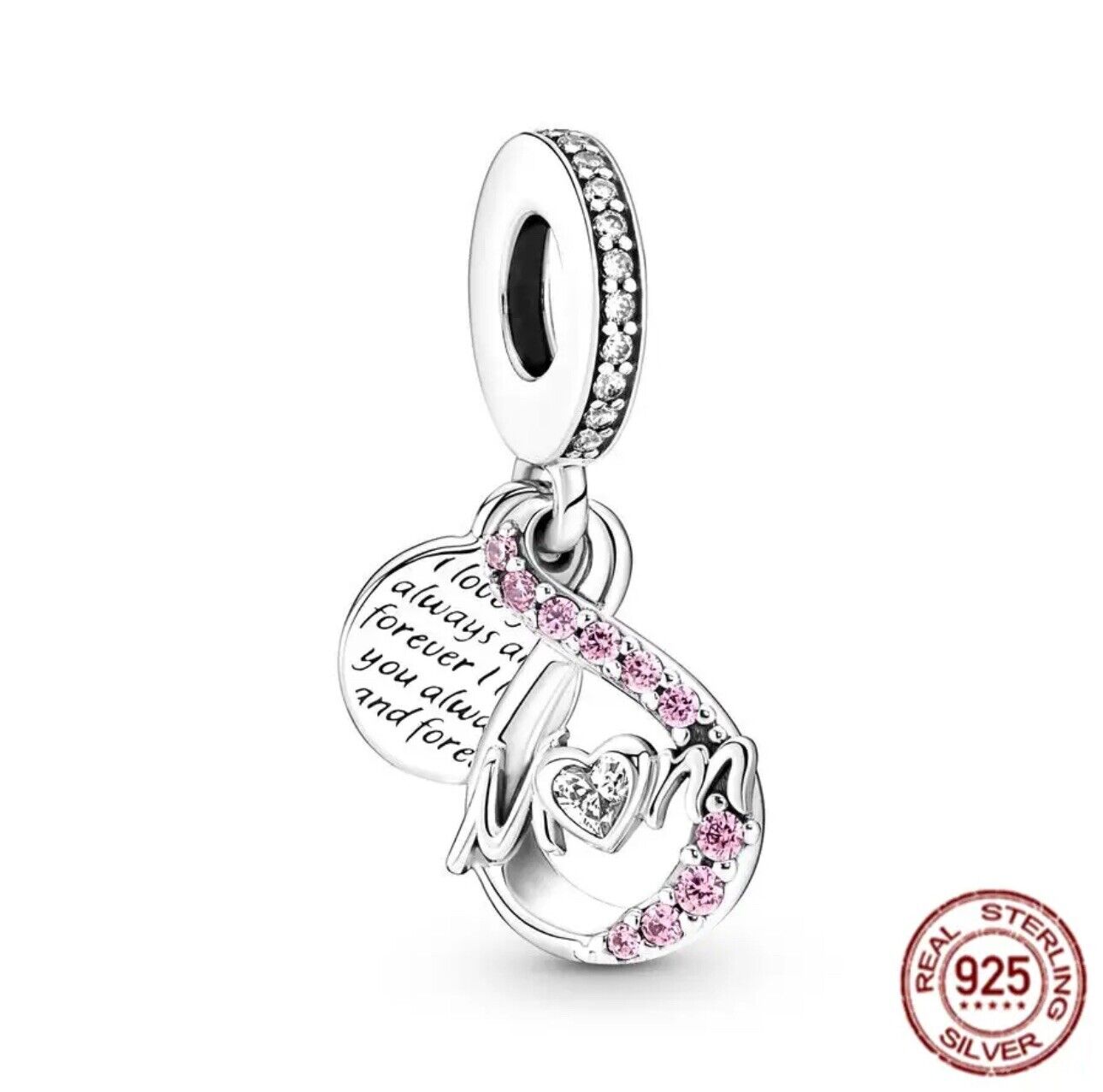 Mom Infinity Pave Double Dangle Charm Hallmarked S925 Sterling Silver