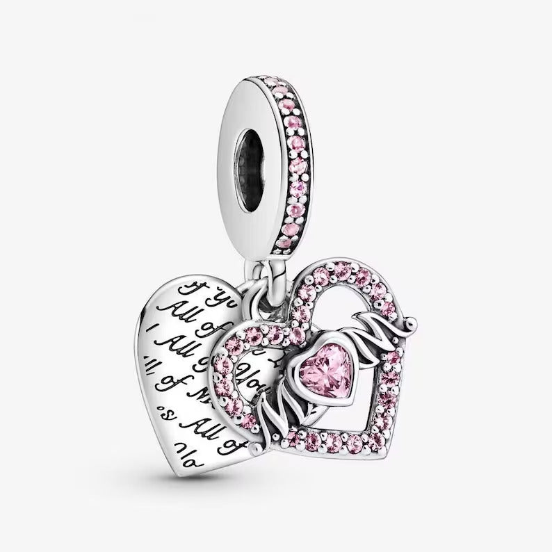 Pink Heart & Mum Dangle Charm S925 Sterling Silver