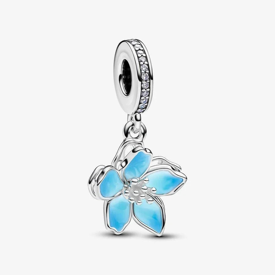 Blue Cherry Blossom Dangle Charm S925 Sterling Silver