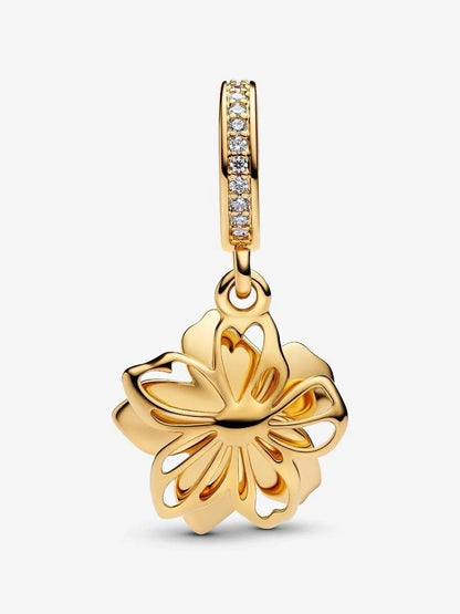 Gold & Blue Cherry Blossom Dangle Charm S925 Sterling Silver