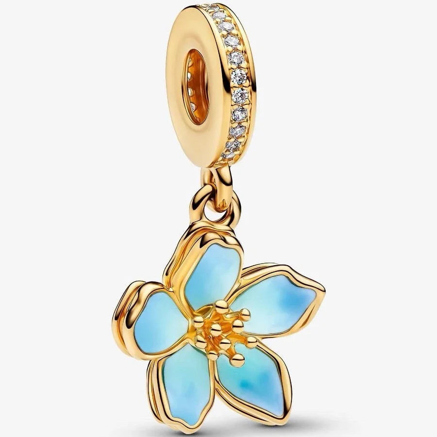 Gold & Blue Cherry Blossom Dangle Charm S925 Sterling Silver