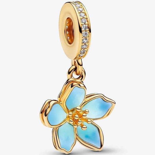 Gold & Blue Cherry Blossom Dangle Charm Hallmarked S925 Sterling Silver
