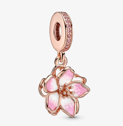 Rose Gold Cherry Blossom Dangle Charm S925 Sterling Silver