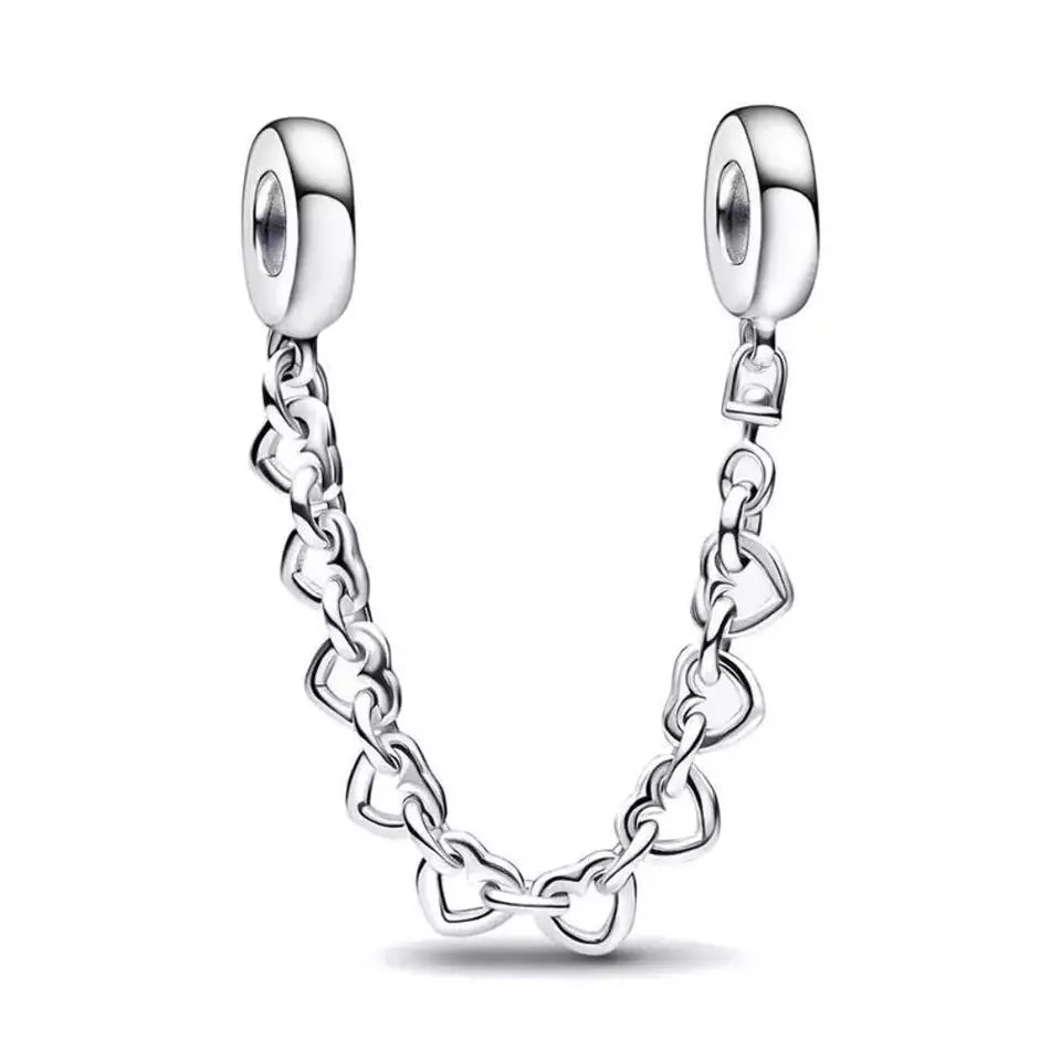 Linked Hearts Safety Chain Charm S925 Sterling Silver