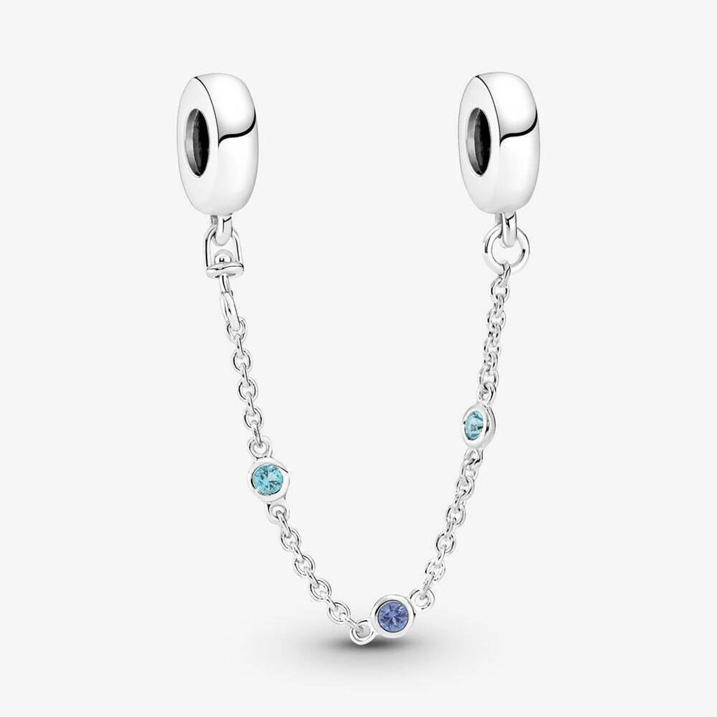 Triple Blue Stone Safety Chain Charm S925 Sterling Silver